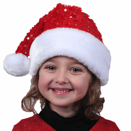 Kerstmuts - rood met pailletten- polyester - voor kinderen