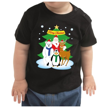 Kerstshirt kerstman / dierenvriendjes zwart baby jongen/meisje