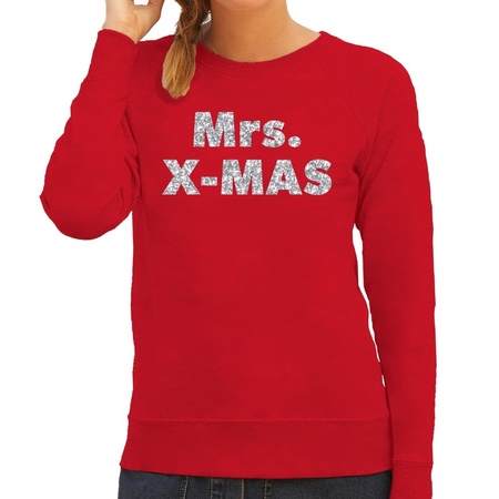 Kersttrui Mrs. x-mas zilveren glitter letters rood dames