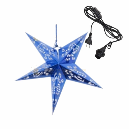 Kerstversiering blauwe kerststerren 60 cm inclusief zwarte lichtkabel