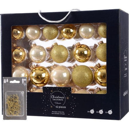 Kerstversiering glazen kerstballen mix set 5-6-7 cm goud/champagne 42x stuks met haakjes