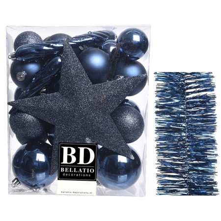 Christmas decorations baubles 5-6-8 cm with star tree topper and garlands set dark blue 35x pieces