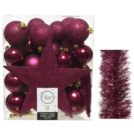 Kerstversiering kerstballen 5-6-8 cm met ster piek en folieslingers pakket framboos roze 35x stuks