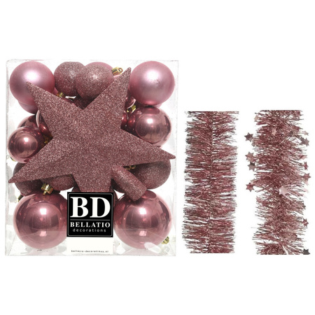 Kerstversiering kerstballen 5-6-8 cm met ster piek en folieslingers pakket oud roze van 35x stuks