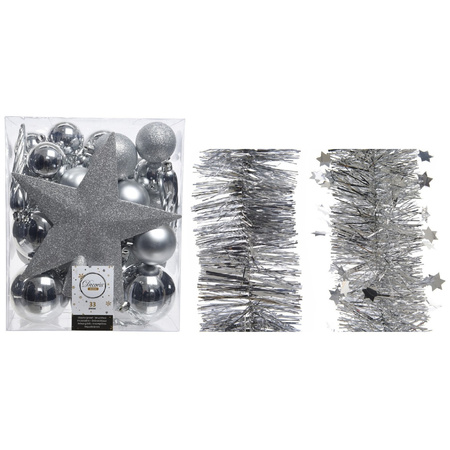 Christmas decorations baubles 5-6-8 cm with star tree topper and garlands set silver 35x pieces