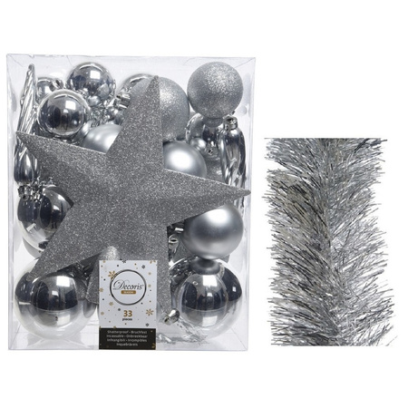 Kerstversiering kerstballen 5-6-8 cm met ster piek en folieslingers pakket zilver van 35x stuks