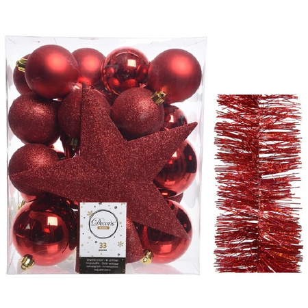 Christmas decorations baubles 5-6-8 cm with star tree topper and glitter garlands set red 35x pieces