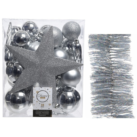 Kerstversiering kerstballen 5-6-8 cm met ster piek en glitter slingers pakket zilver van 35x stuks