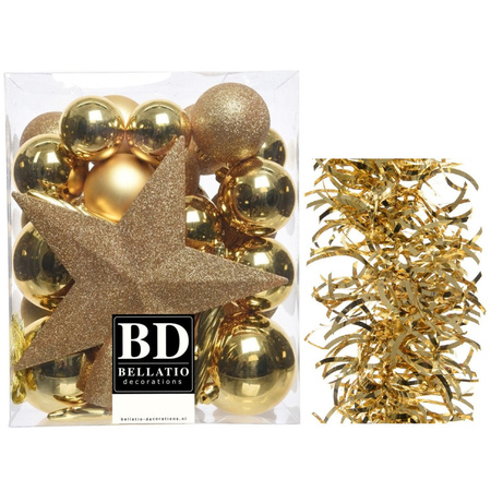 Christmas decorations baubles 5-6-8 cm with star tree topper and wave garlands set gold 35x pieces