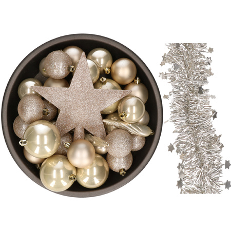 Kerstversiering kerstballen 5-6-8 cm met ster piek en sterren slingers pakket champagne 35x stuks