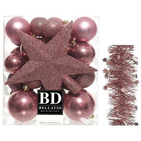 Kerstversiering kerstballen 5-6-8 cm met ster piek en sterren slingers pakket oud roze van 35x stuks