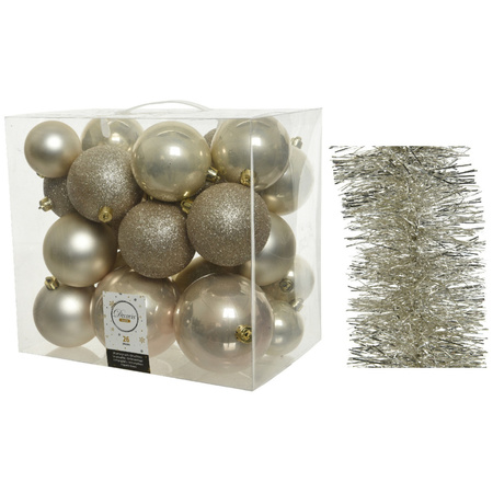 Kerstversiering kerstballen 6-8-10 cm met folieslingers pakket parel/champagne van 28x stuks