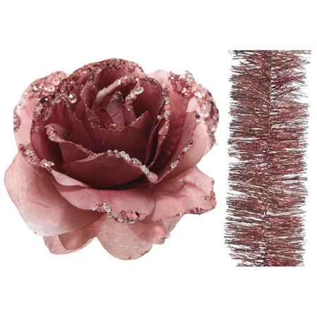 Kerstversiering kunststof glitter bloemen op clip 14 cm en folieslingers pakket oud roze 5x stuks