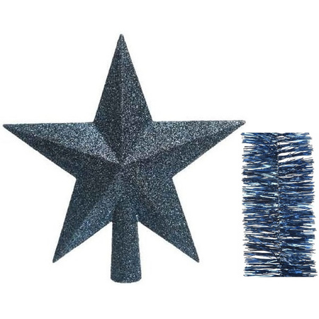 Christmas decorations glitter star tree topper and garlands set dark blue 3x pieces