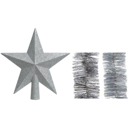 Christmas decorations glitter star tree topper and garlands set silver 3x pieces
