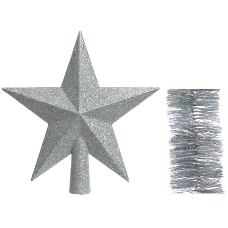 Christmas decorations glitter star tree topper and glitter garlands set silver 3x pieces
