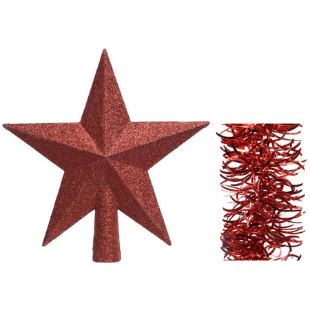 Kerstversiering kunststof glitter ster piek 19 cm en golf folieslingers pakket rood van 3x stuks