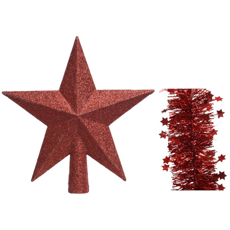 Kerstversiering kunststof glitter ster piek 19 cm en sterren folieslingers pakket rood van 3x stuks