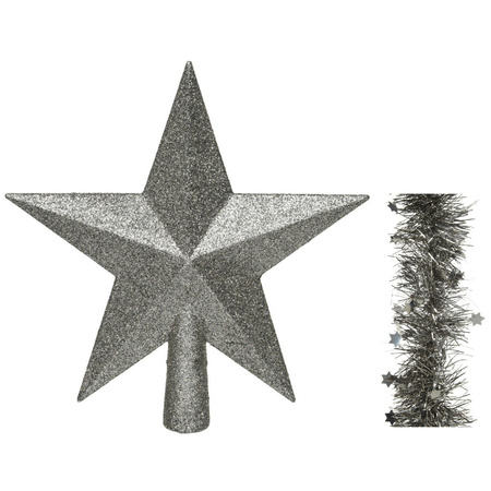 Kerstversiering kunststof glitter ster piek 19 cm en sterren slingers pakket antraciet van 3x stuks