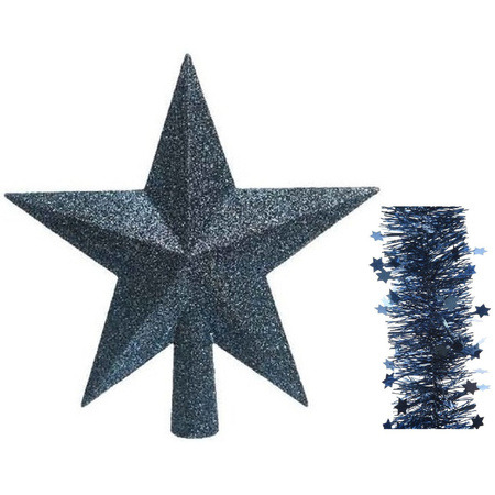 Kerstversiering kunststof glitter ster piek 19 cm en sterren slingers pakket donkerblauw 3x stuks