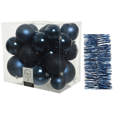Kerstversiering kunststof kerstballen 6-8-10 cm met folieslingers pakket donkerblauw van 28x stuks