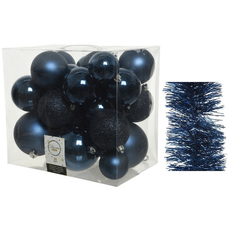 Christmas decorations baubles 6-8-10 cm with garlands set dark blue 28x pieces.