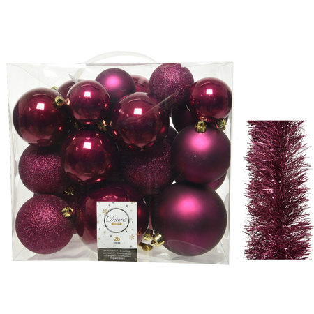 Kerstversiering kunststof kerstballen 6-8-10 cm met folieslingers pakket framboos roze van 28x stuks