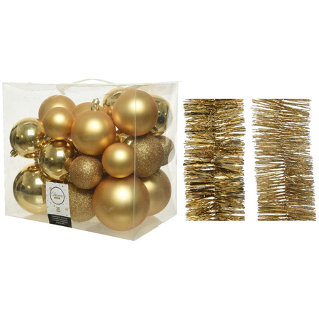 Christmas decorations baubles 6-8-10 cm with garlands set gold 28x pieces.