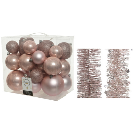 Kerstversiering kunststof kerstballen 6-8-10 cm met folieslingers pakket lichtroze van 28x stuks