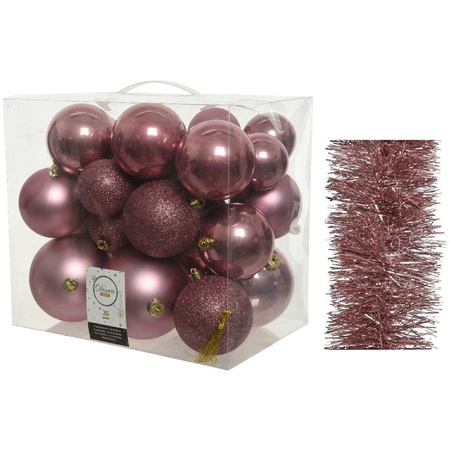 Kerstversiering kunststof kerstballen 6-8-10 cm met folieslingers pakket oud roze van 28x stuks
