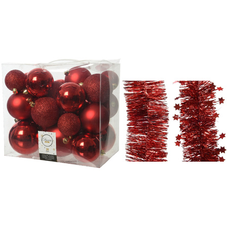 Kerstversiering kunststof kerstballen 6-8-10 cm met folieslingers pakket rood van 28x stuks