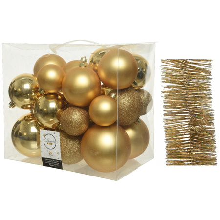 Christmas decorations baubles 6-8-10 cm with glitter garlands set gold 28x pieces.