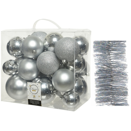 Kerstversiering kunststof kerstballen 6-8-10 cm met glitter slingers pakket zilver van 28x stuks