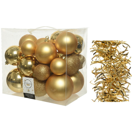 Christmas decorations baubles 6-8-10 cm with wave garlands set gold 28x pieces.