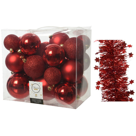 Kerstversiering kunststof kerstballen 6-8-10 cm met sterren folieslingers pakket rood van 28x stuks