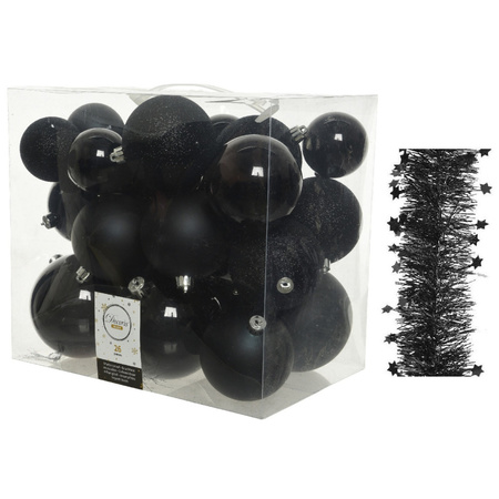 Kerstversiering kunststof kerstballen 6-8-10 cm met sterren folieslingers pakket zwart van 28x stuks
