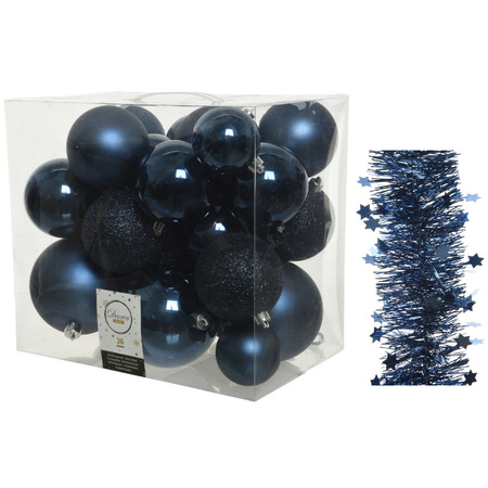 Kerstversiering kunststof kerstballen 6-8-10 cm met sterren slingers pakket donkerblauw 28x stuks