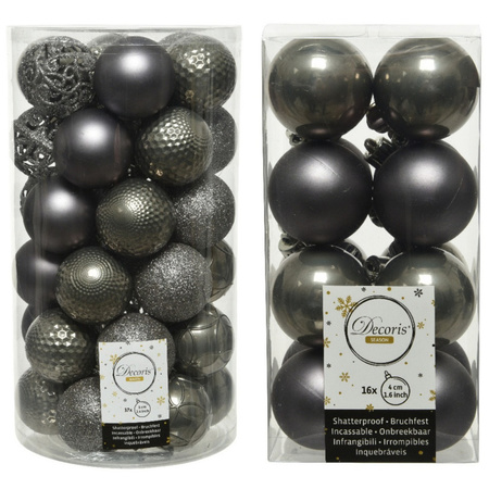 Kerstversiering kunststof kerstballen antraciet grijs 4-6 cm pakket van 53x stuks