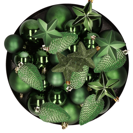 Kerstversiering kunststof kerstballen donkergroen 6-8-10 cm pakket van 62x stuks