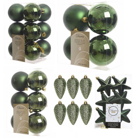 Kerstversiering kunststof kerstballen donkergroen 6-8-10 cm pakket van 68x stuks