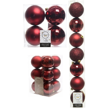 Kerstversiering kunststof kerstballen donkerrood 6-8-10 cm pakket van 46x stuks