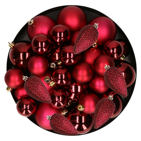 Kerstversiering kunststof kerstballen donkerrood 6-8-10 cm pakket van 50x stuks