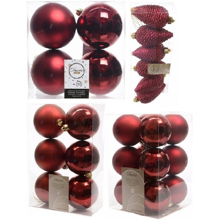 Kerstversiering kunststof kerstballen donkerrood 6-8-10 cm pakket van 50x stuks