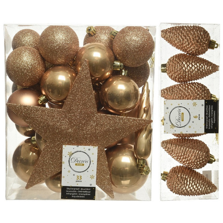 Kerstversiering kunststof kerstballen met piek camel bruin 5-6-8 cm pakket van 39x stuks