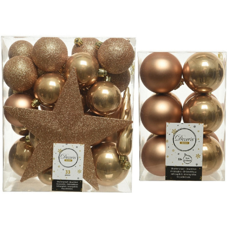 Kerstversiering kunststof kerstballen met piek camel bruin 5-6-8 cm pakket van 45x stuks