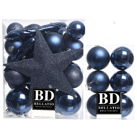 Christmas decorations baubles with topper 5-6-8 cm set darkblue 45x pieces