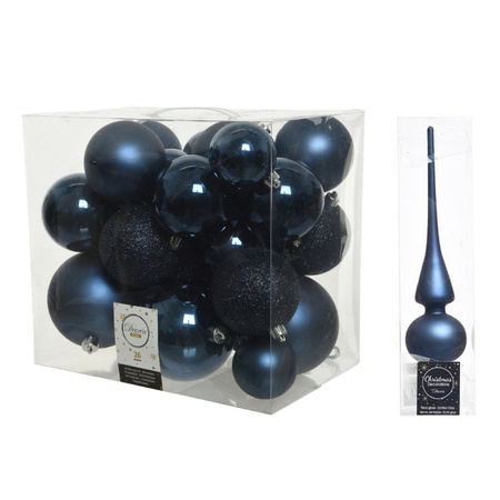 Christmas decorations baubles with topper 6-8-10 cm set darkblue 27x pieces