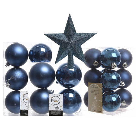 Kerstversiering kunststof kerstballen met piek donkerblauw 6-8-10 cm pakket van 45x stuks