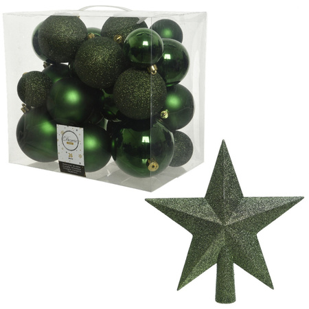 Kerstversiering kunststof kerstballen met piek donkergroen 6-8-10 cm pakket van 27x stuks