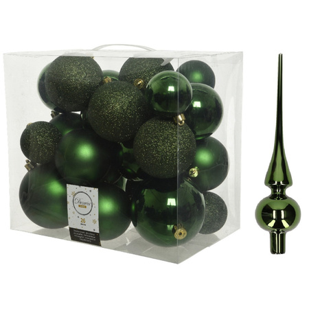 Christmas decorations baubles with topper 6-8-10 cm set pinegreen 27x pieces